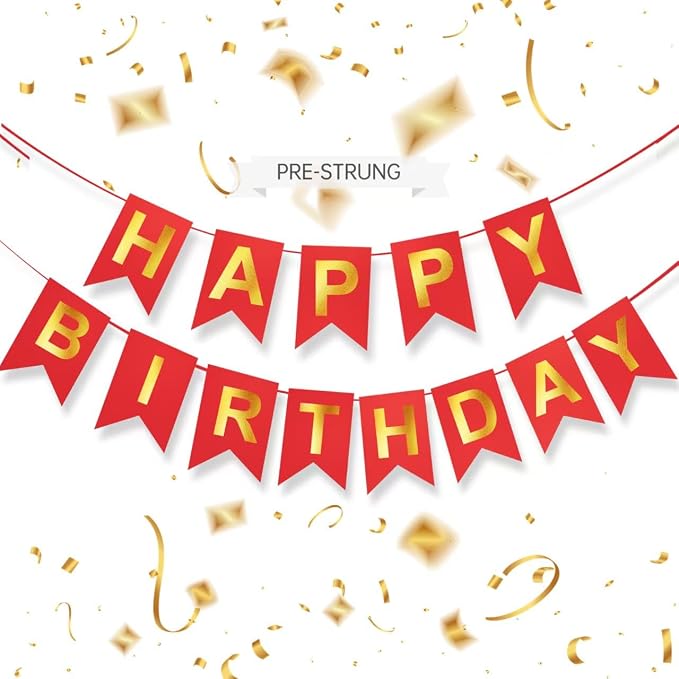 Red Happy Birthday Banner - 16 ft Pre-Strung Gold & Red Birthday Party by ZgimiPartyHome