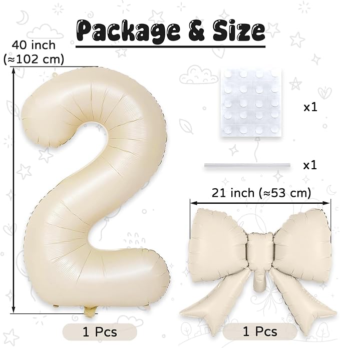 Cream 2 Balloons with Bow Balloons, 40 Inch Giant Self Inflating Beige Foil - Image 2