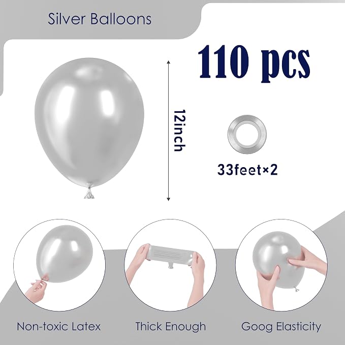 Voircoloria 110pcs Metallic Silver Chrome Latex Party Balloons, 12inch | - Image 2