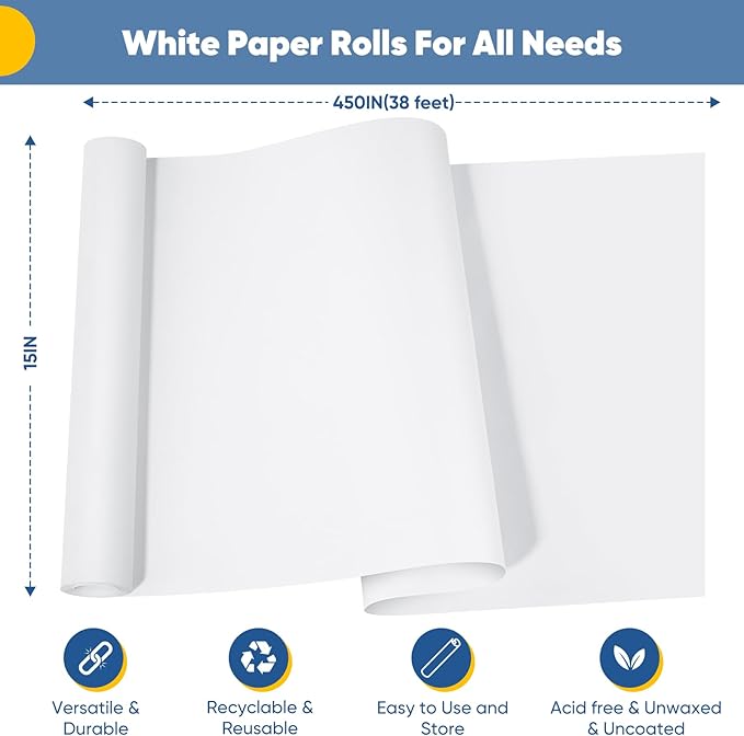 White Wrapping Paper Craft Paper Kraft Paper Roll 15" x 450", Bulletin Board Paper, Arts & Crafts, Gift Wrapping Packing Painting Drawing Paint Easel Poster Chart Decorative Paper, Kids Art Supplies