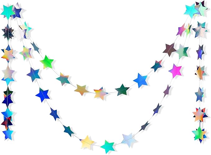 WEVEN Star Garland Holographic Decor Party Streamers Twinkle Star Banner - Image 2