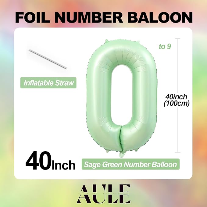 AULE 40 Inch Sage Green 4 Balloon Numbers Foil 0-9 Birthday Big Numbers | - Image 5
