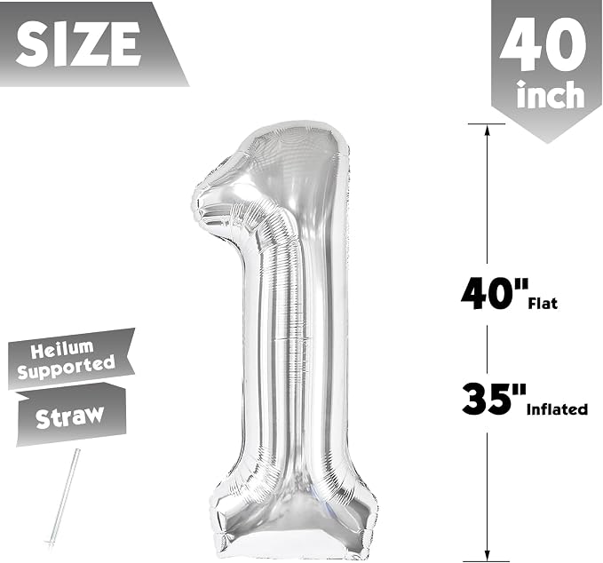 40 Inch Silver Number 1 Balloon Birthday Party Decorations - Image 5
