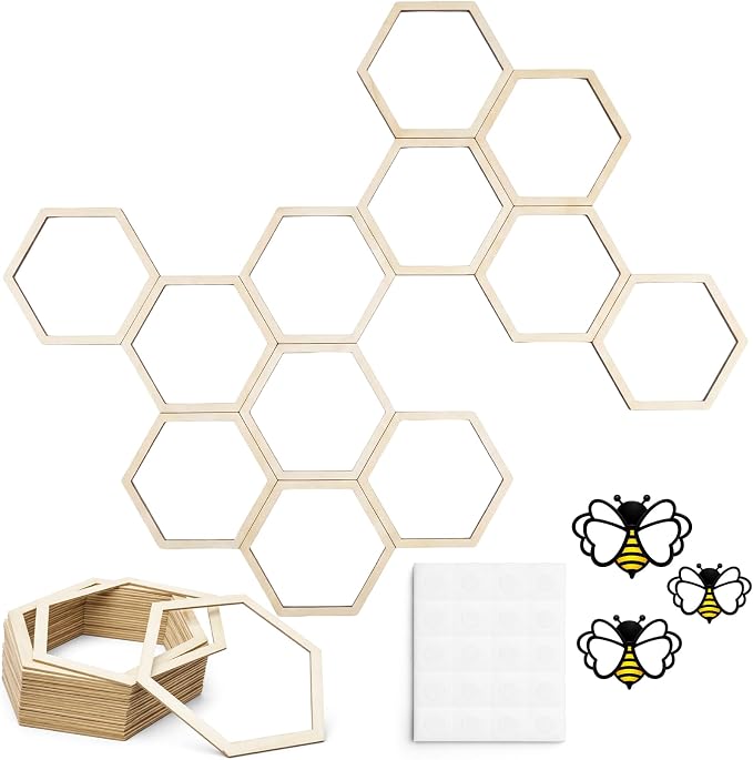 Gerrii 48 Pcs Honey Bee Honeycomb Decorations Include 8.2'' Wooden Hexagon 3D - Image 2