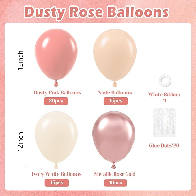 60pcs Dusty Pink Balloons, Blush Pink Dusty Rose Nude Ivory White Metallic Rose - Image 2