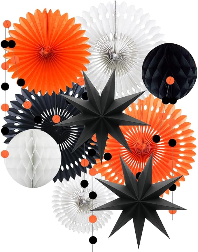 Orange White Black Halloween Decorations, Hanging Tissue Paper Fans Circle by ADLKGG