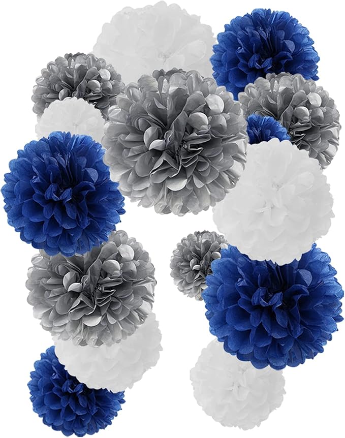Navy-Blue White Silver Tissue Pom-Poms - Image 5