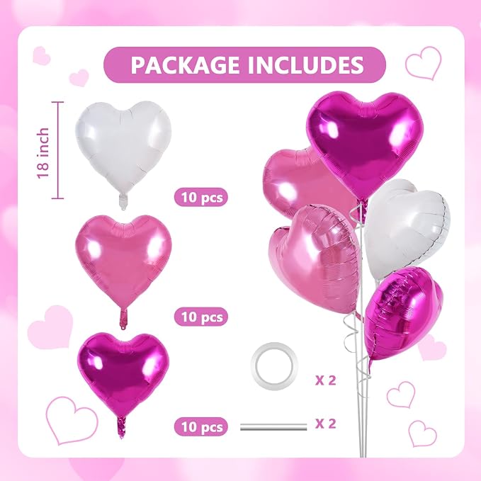 TONIFUL 30 Pcs Pink White Heart Balloons 18 Inch Heart Shape Foil Balloon | - Image 2