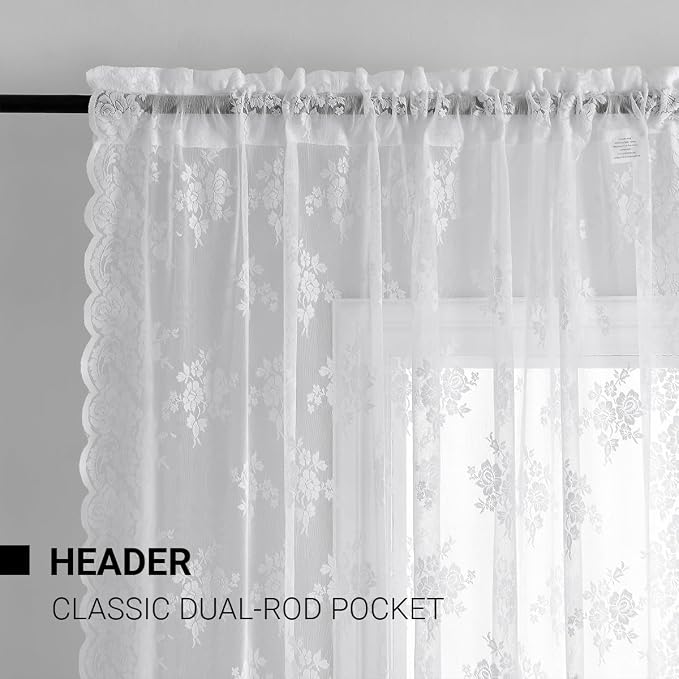 Kotile White Lace Curtains for Kitchen Windows W52 x L45 Inch, 2 Panels | Rod - Image 2