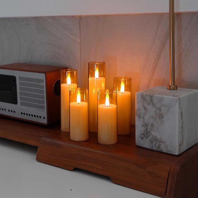 Amagic Flickering Flameless Candles, Battery Operated Candles, Amber Gold Acrylic LED Pillar Candles with Remote and Timer, 3D Wick, Yellow and Blue Glow, D2.2 xH5 5" 6" 7" 8", Set of 5