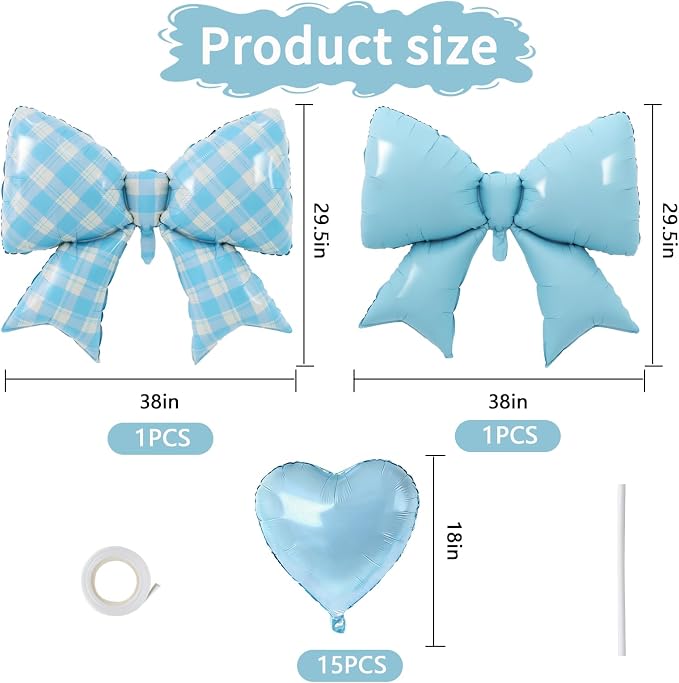 Vuzvuv Blue Gingham Bow Heart Balloons Set, Anniversary, Bridal Shower（Mix - Image 2