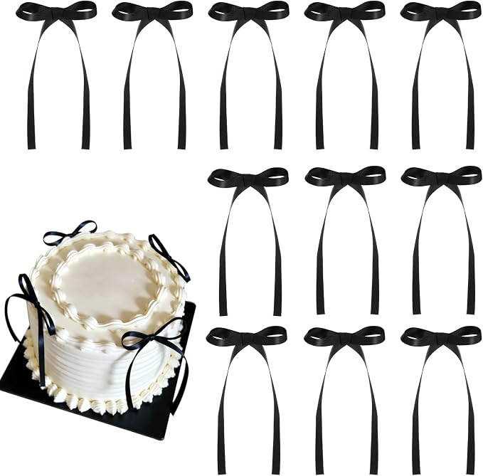 30 Pack Bow Cake Toppers Black Ribbon Bows by NatNarr
