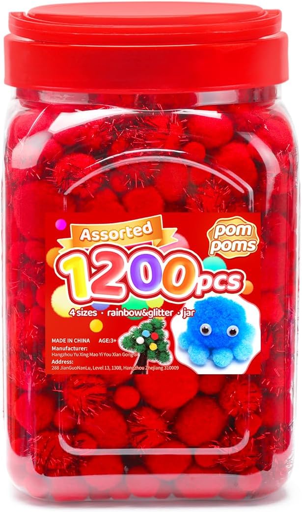 Iooleem Red Pom Poms, Pom Poms for Arts and Crafts, Pom Pom Balls by IOOLEEM