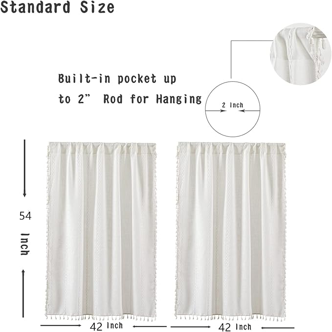 RoomTalks White Boho Farmhouse Kitchen Curtains 54 Inch Length French Striped - Image 3