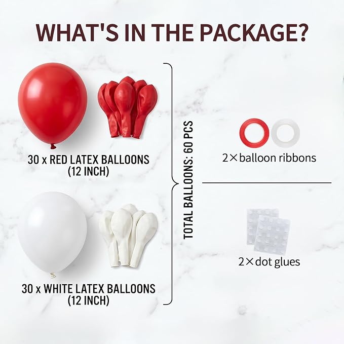 60pcs Red and White Balloon Kit, 12 Inch Christmas Red White Latex Balloons - Image 2