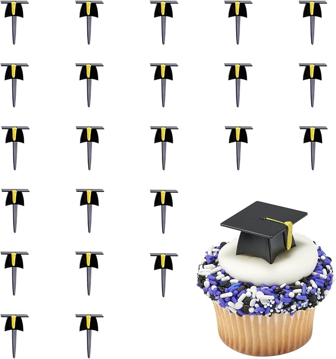 DecoPac Grad Hat Cupcake Toppers, 24 Graduation Cake Pics, Food Safe Cake by Decopac