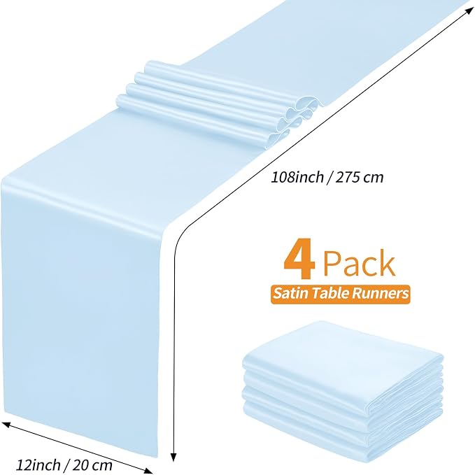 SiinvdaBZX 4 Pcs Light Blue Satin Table Runner 12 x 108 inches Long | Bright - Image 4