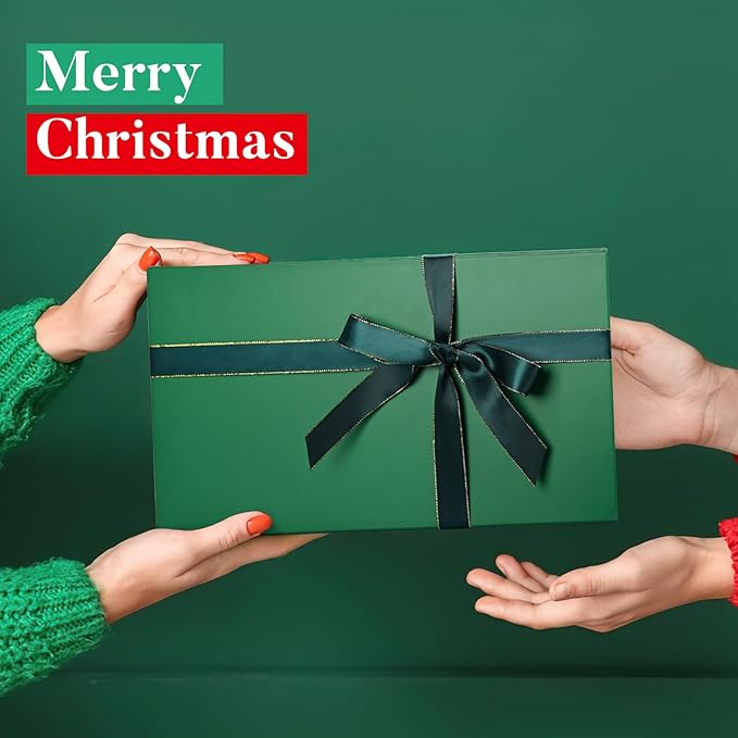 LIFELUM 5 Pack Christmas Gift Boxes Large Green Boxes of Gifts 13.85 x 8.35 x 4.45 inch Gift Boxes Storage Gift Boxes with Strong Magnetic Lid for Presents Contains Card, Ribbon, Filler,Sticker