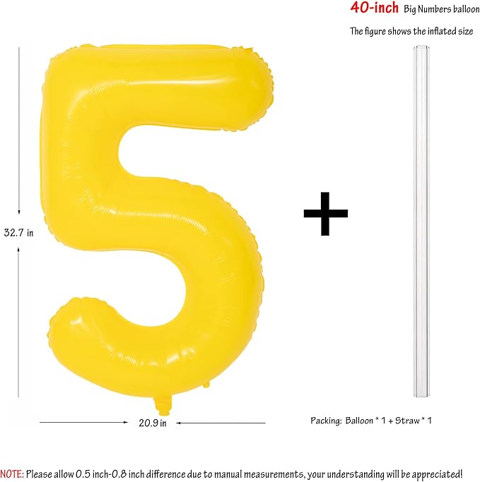 40 Inch Yellow Number 5 Foil Balloon Lemon Yellow Digital 5 Balloon | - Image 2
