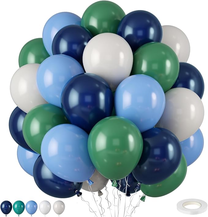Navy Blue Dark Blue Green White Latex Balloons, 12 Inch, by FEYG