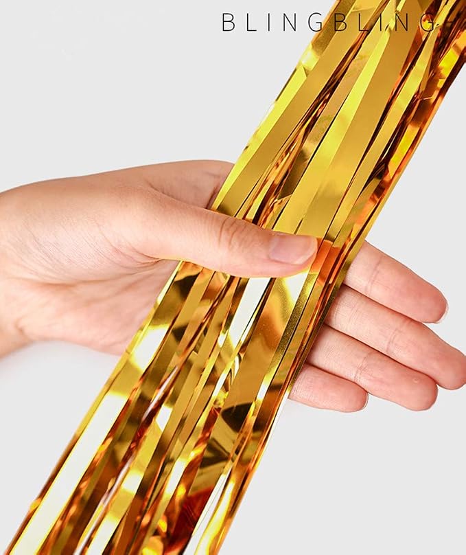 2 Pcs 3.2ft x 8.2ft Shiny Gold Metallic Tinsel Foil Fringe Curtains Photo Booth - Image 3