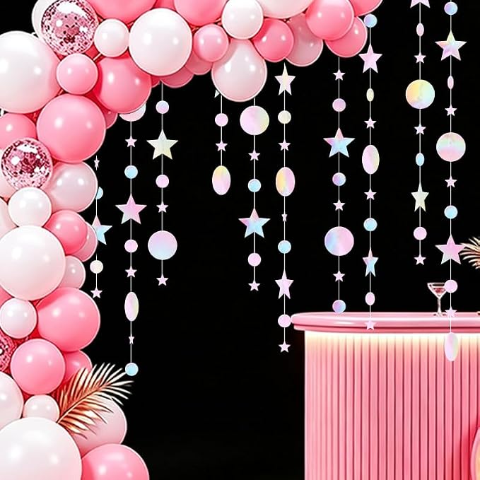 Iridescent Pink Party Decoration Iridescent Pink Star Circle Dot Hanging - Image 6