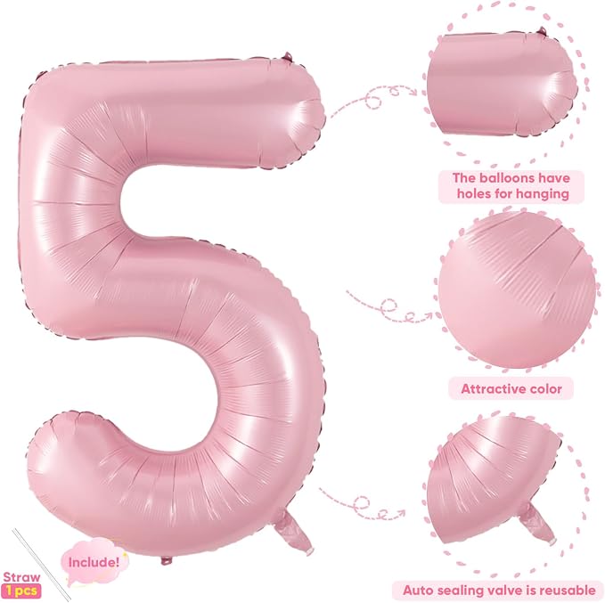 Light Pink 5 Balloon, 40 Inch Large Pastel Pink Foil Helium Number Balloons 0-9 - Image 3