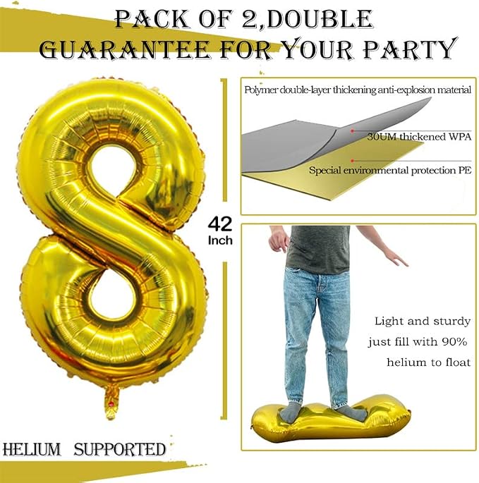 Gold Foil Balloons Number 8, Huge Number Balloons - Image 3