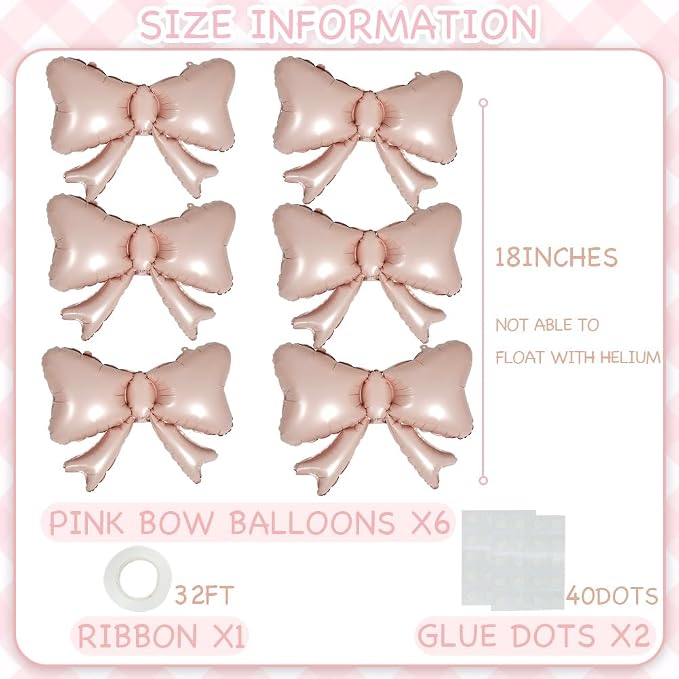 6 Pieces Pink Bow Balloons, Macaron Pink Matte Metallic Bow Foil Balloons - Image 5