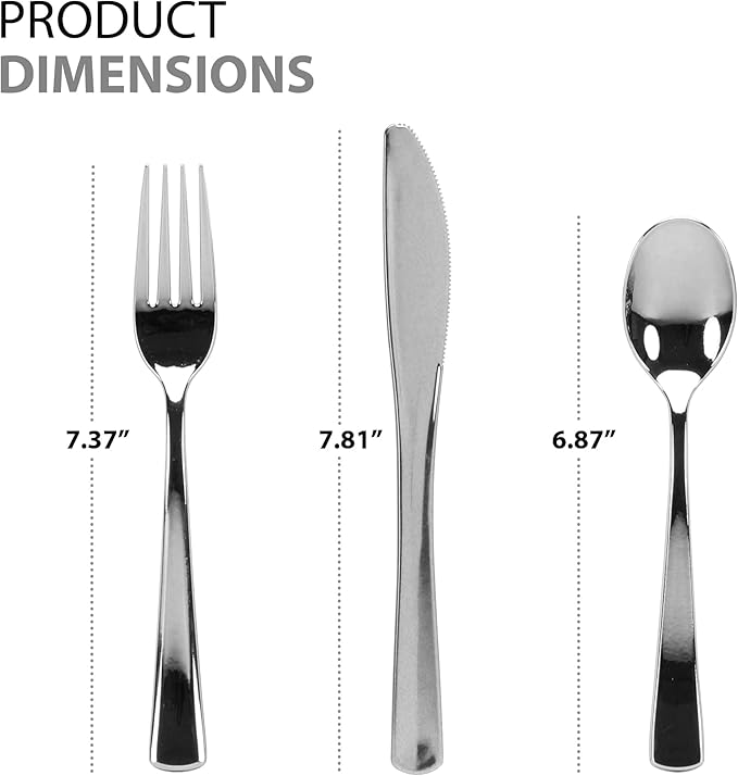 Plastic Cutlery Silverware Extra Heavyweight Disposable Flatware, Full Size Cutlery Combo, Polished Silver, 80 Forks, 40 Spoons, 40 Knifes, Value Pack 160 Count