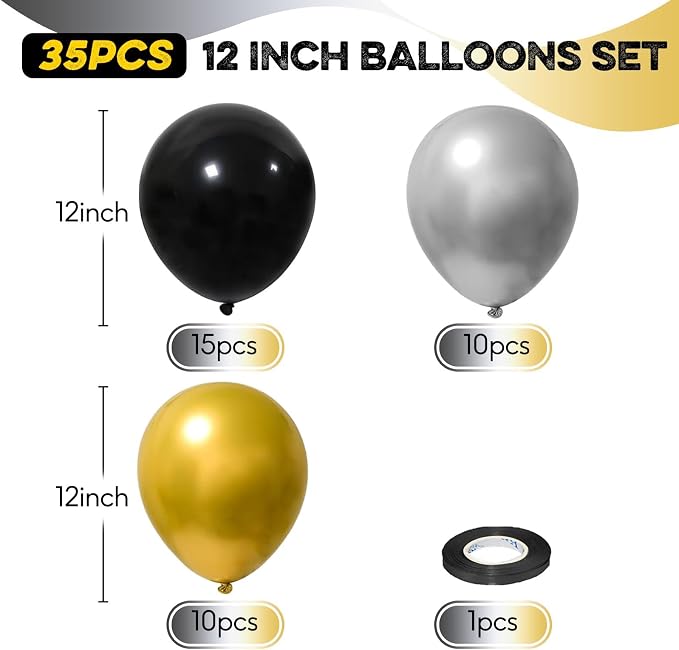 Black and Gold Balloons Set, 12 Inch Black Gold Silver Balloon New Year Eve - Image 2