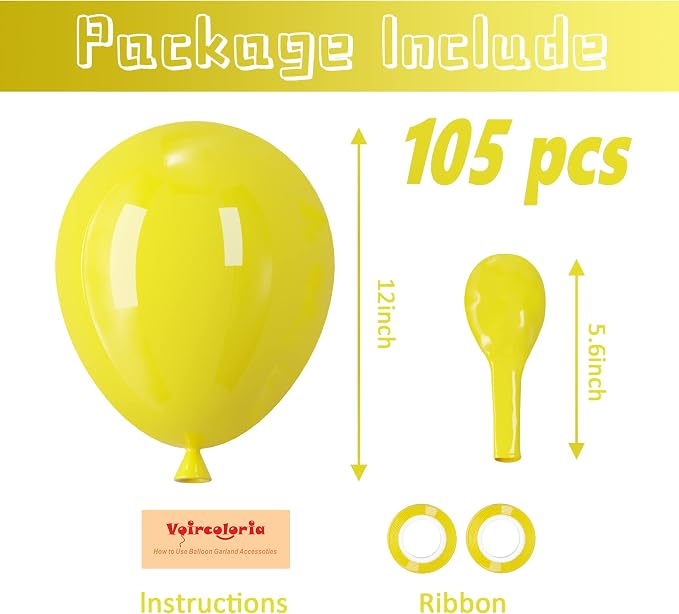 Voircoloria 105pcs Yellow Party Latex Balloons, 12inch | - Image 2