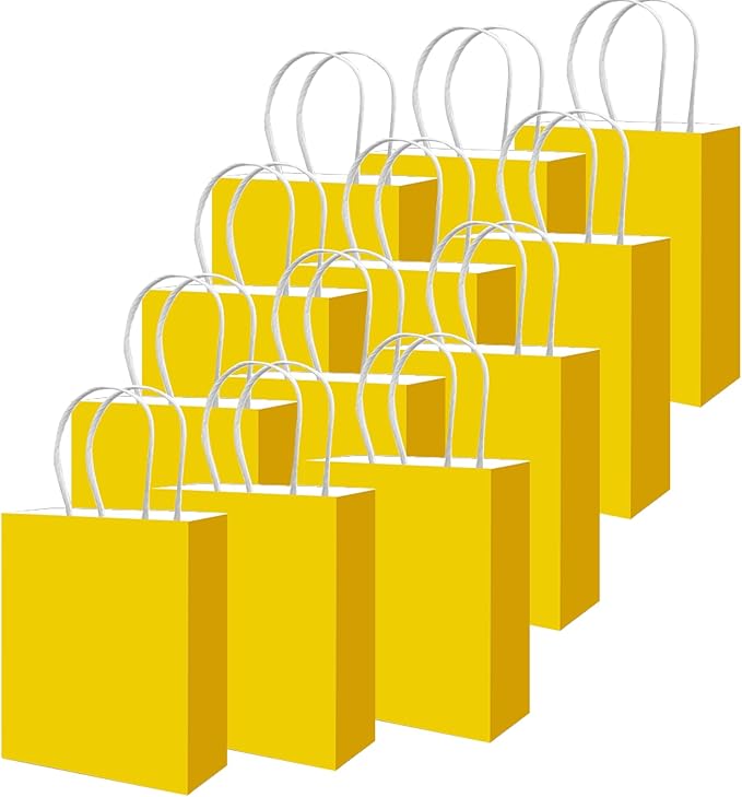 qiqee 50-Packs Bright Yellow Paper Gift Bags with Handles Bulk 13"x10.3"x4.6" Large Size Party Favor Bags Multiple Uses