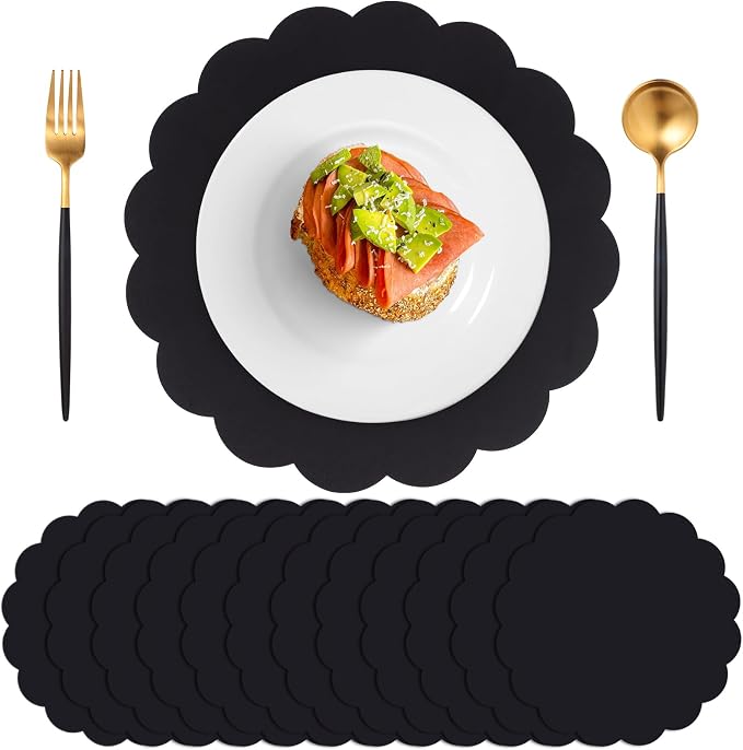 60 Pcs Black Paper Placemats, 13.5 Inch Scalloped Table Mats | Thick Paper by NatNarr