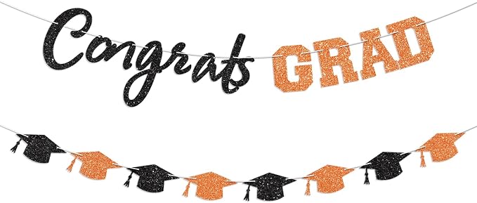Prestrung Congrats Grad Banner Orange and Black Graduation Banner by Blopee