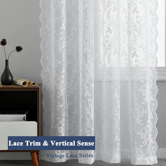 FINECITY White Lace Curtains for Living Room Rustic Floral 52x96 Inch 2 Pcs | - Image 6