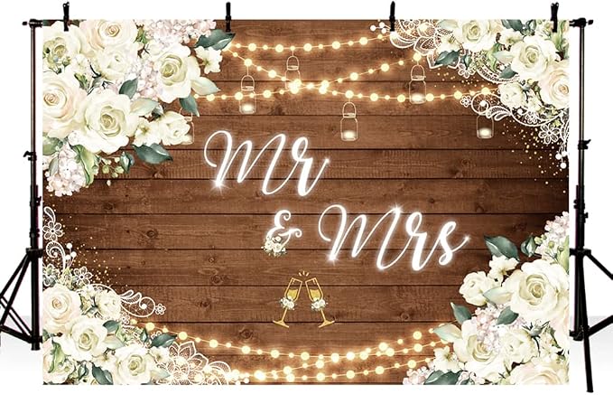 MEHOFOND 10x7ft White Floral Mr & Mrs Engagement Decorations Backdrop Couples - Image 3