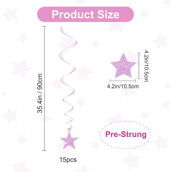 BEISHID Pink Glitter Stars Hanging Swirls Pre-Strung Stars Hanging Decorations - Image 2