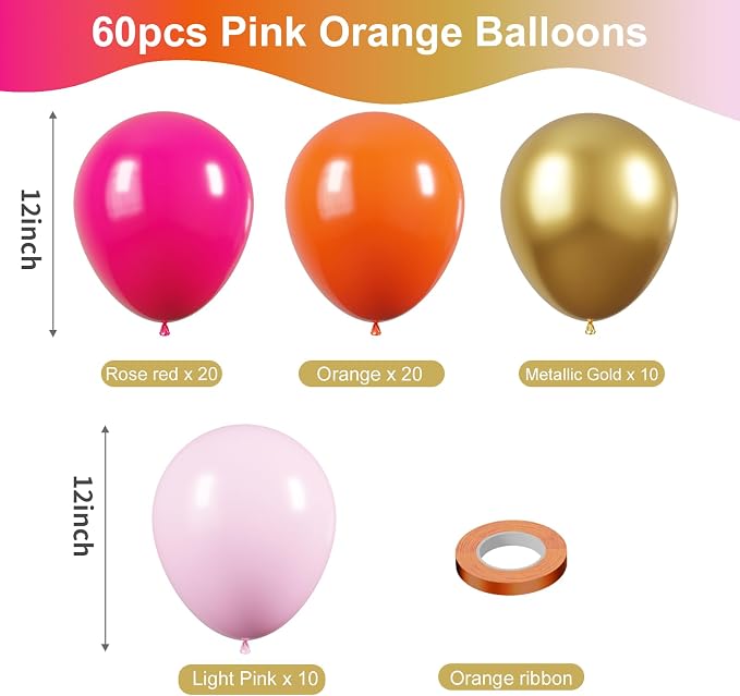 KBZVNAF Pink Orange Gold Latex Balloons 60 Pack 12 inch | Orange Pink Metallic - Image 2