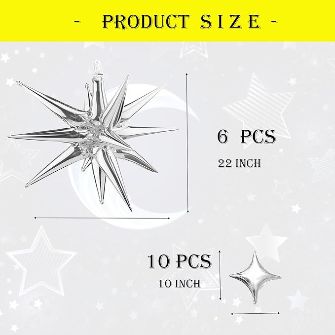 Explosion Star Foil Balloons- 12 Point Star Balloons Silver Spike Balloons | - Image 2