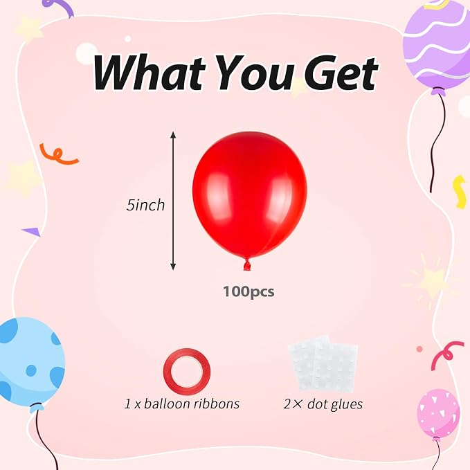 100pcs 5 Inch Small Red Balloons | 5” Mini Red Party Balloons Kit - Image 2