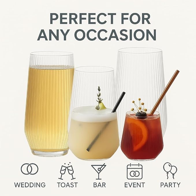 48 Pack Ribbed Origami Ripple Plastic Glasses, 24 9 Ounce Stemless Champagne Flutes & 24 12 Ounce Cups, BPA-Free Disposable Shatterproof Toasting Glasses for Weddings, Bars, and Events (Clear)