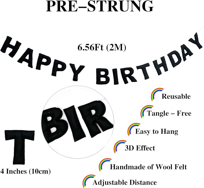 Pre-Strung Reusable 3D Black Happy Birthday Banner Men Birthday Decorations | - Image 2