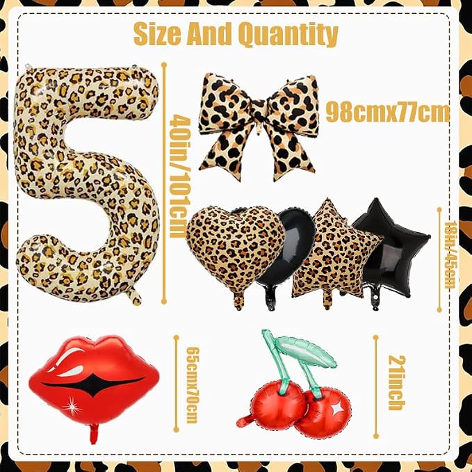 Leopard Print Bow Balloons Birthday Decorations 40Inch Cheetah Number 5 Foil - Image 2