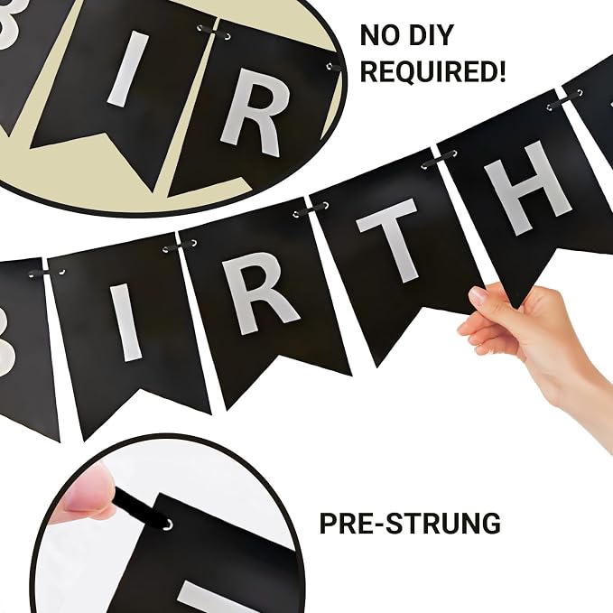 Black Happy Birthday Banner, Pre-Strung Black and Silver Birthday Party - Image 6
