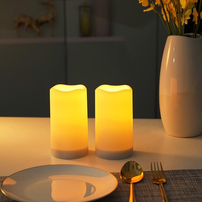 Solar flameless Candles Outdoor Waterproof,Dusk to Dawn Outdoor Lighting, Flickering fameless Reusable LED Light Candles for Lantern Garden Camping and Home Decor, 3D Wick (3"X6") Set of 2