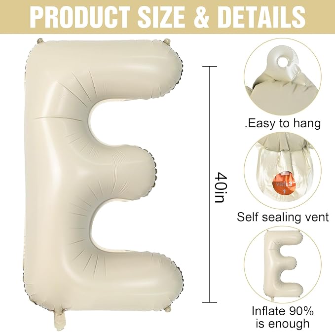 Cream E Letter Balloons, 40 Inch Letter E Balloon Beige, Helium Custom Letter - Image 2