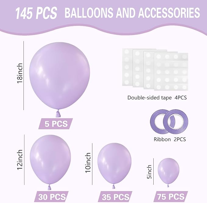 Pastel Purple Balloons 145pcs Different Sizes 18 12 10 5 Inches Light Purple - Image 2