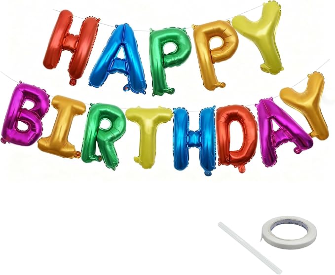 Rainbow Happy Birthday Letters Balloon Banner Kit, Usable Mylar Decorations by KEJ