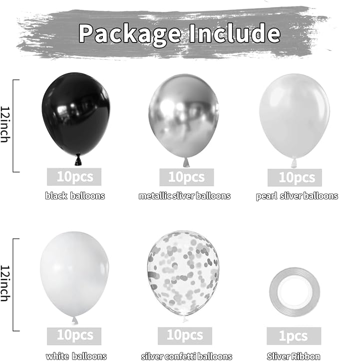 Zesliwy Black Silver White Balloons Set, Party Decor | Metallic Silver - Image 2
